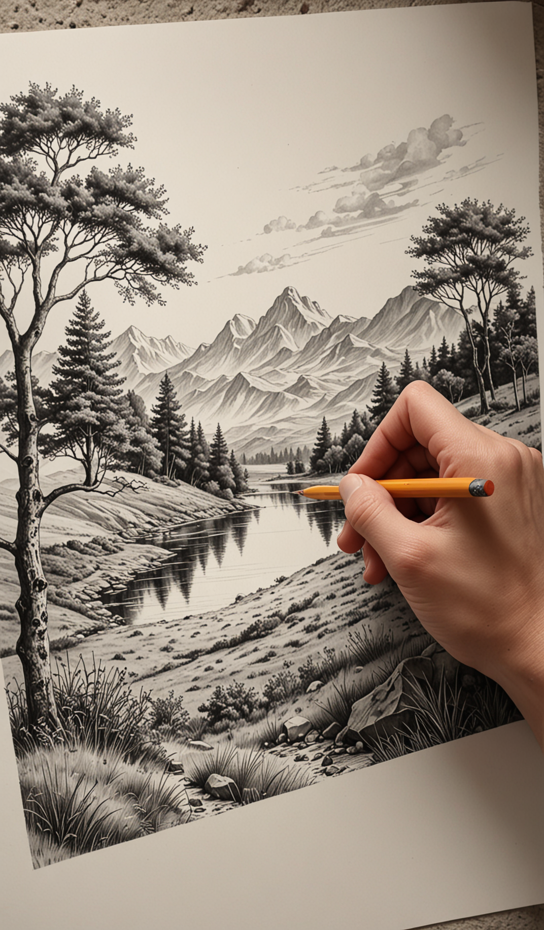 Artist at work drawing a Landscape with a pencil, Half way through,  hand and pencil in colour, landscape black and white, pencil drawing on white paper, hand holding pencil drawing the landscape, Sketch, paper texture, Drawing,