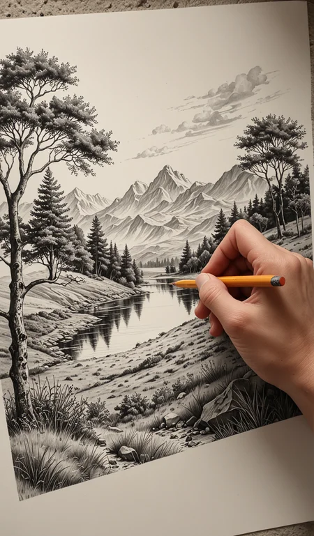 Artist at work drawing a Landscape with a pencil, Half way through, hand and pencil in colour, landscape black and white, pencil drawing on white paper, hand holding pencil drawing the landscape, Sketch, paper texture, Drawing,