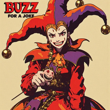 A female jester stands front and center, exuding playful energy and mischief. She wears a vibrant, colorful outfit of red, purple, and gold with classic jester motifs. Her outfit features bells on the tips of her hat and shoes, making her movements lively and musical. Her face is painted with a white mask-like base, exaggerated with bright makeup—one side featuring a playful grin, while the other half carries a sad frown, capturing the duality of humor and sorrow.
Her jester hat has long, drooping tails, each tipped with a tiny bell, which glints in the light. She holds a jester's scepter, topped with a miniature version of her own head, smiling mischievously. Perfect hand, cute, retro anime
Standing in a slight crouch, with one hand extended forward, she looks directly at the viewer, her red eyes gleaming with mischief, and her wide grin framed by sharp teeth. A small flicker of danger is hidden behind the playful expression.
Above her, in bold, whimsical letters, the text reads:
"Buzz for a Joke."