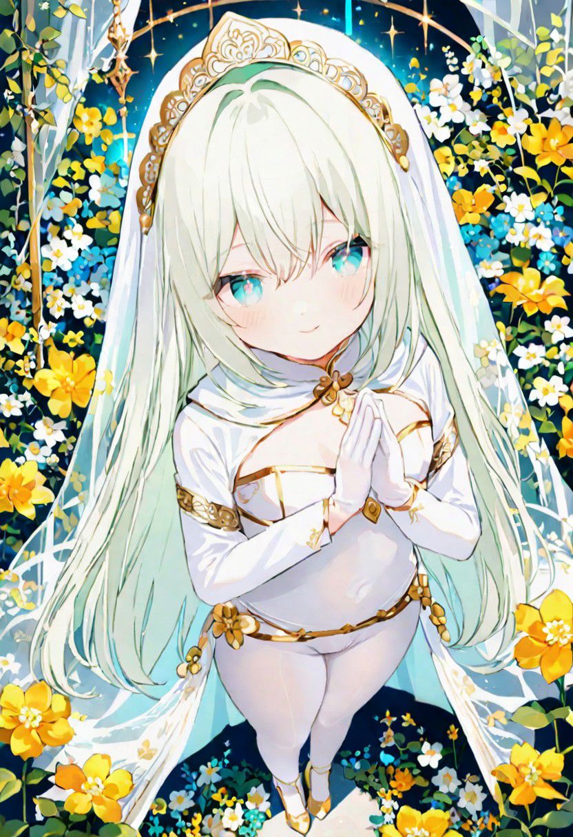 Best quality, masterpiece, fantasy flower garden, view from above, one petit priestess girl with flat chest, shining hands bound in prayer, standing upright, detailed light green long loose hair, priestess' veil, cute smooth face, gentle smile, detailed light blue eyes, detailed make up, jewelry, pure white clothes, shawl, white turtleneck leotard with long sleeves and gloves, slim waist, slim belly, thick clavicle, micro skirt, thick hips, thick thighs, white tights, heels