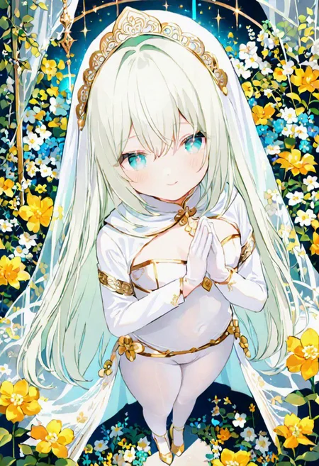 Best quality, masterpiece, fantasy flower garden, view from above, one petit priestess girl with flat chest, shining hands bound in prayer, standing upright, detailed light green long loose hair, priestess' veil, cute smooth face, gentle smile, detailed light blue eyes, detailed make up, jewelry, pure white clothes, shawl, white turtleneck leotard with long sleeves and gloves, slim waist, slim belly, thick clavicle, micro skirt, thick hips, thick thighs, white tights, heels