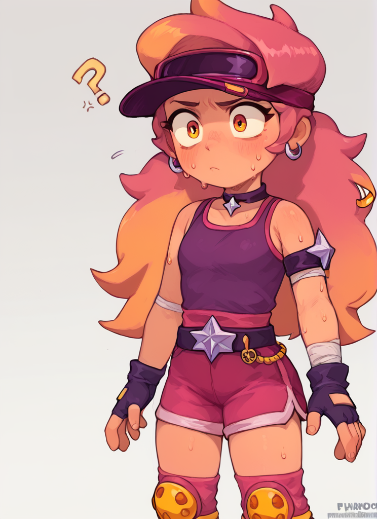 score_9, score_8_up, score_7_up,   <lora:boamber:1>boamber   ,1 girl  , multicolored hair, long hair  ,purple tank top,  belt, yellow knee pads, shorts ,  skirt, shorts under skirt, visor cap,   pink headwear, fingerless gloves,  <lora:PossumMachine:1>posmach  , confused ,Arm band , ??? ,sweat,