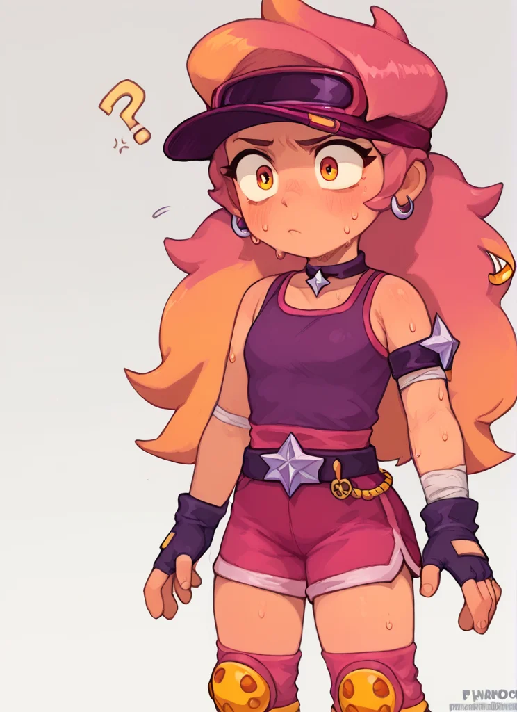 score_9, score_8_up, score_7_up, <lora:boamber:1>boamber ,1 girl , multicolored hair, long hair ,purple tank top, belt, yellow knee pads, shorts , skirt, shorts under skirt, visor cap, pink headwear, fingerless gloves, <lora:PossumMachine:1>posmach , confused ,Arm band , ??? ,sweat,