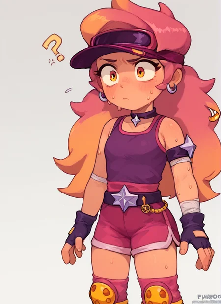 score_9, score_8_up, score_7_up, <lora:boamber:1>boamber ,1 girl , multicolored hair, long hair ,purple tank top, belt, yellow knee pads, shorts , skirt, shorts under skirt, visor cap, pink headwear, fingerless gloves, <lora:PossumMachine:1>posmach , confused ,Arm band , ??? ,sweat,
