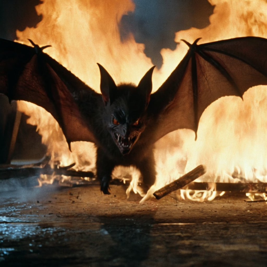 Horror-themed,  <lora:Fright Night 1985 Film Style:1>
Cinematic Medium Shot Film Footage captured by Panavision Cameras and Lenses a large vampire bat creature is burning on fire, with fire in background, in a dark room, Fright Night 1985 Film Style, Eerie, unsettling, dark, spooky, suspenseful, grim, highly detailed
