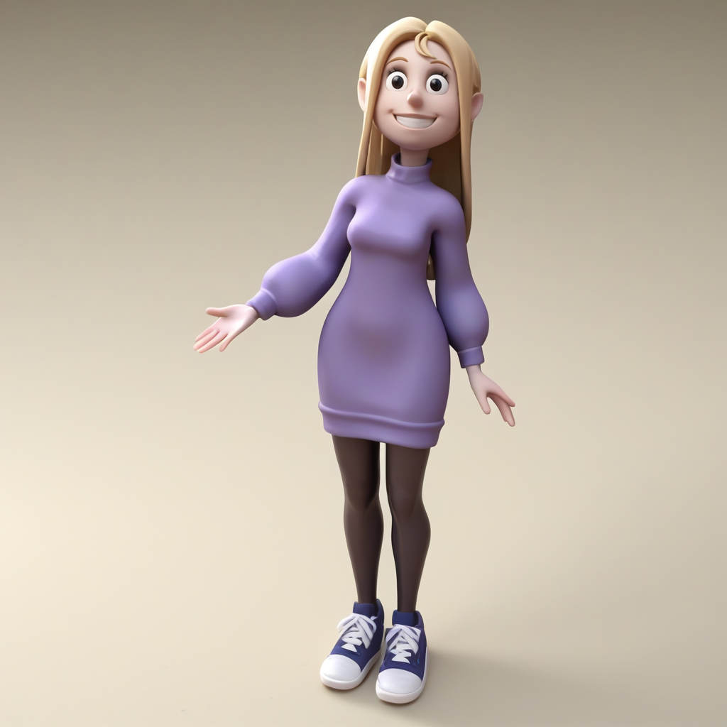 score_9, score_8_up, score_7_up, score_6_up, score_5_up, score_4_up, zPDXL2,rating_questionable,  <lora:Claymation:1> cl4ymation, claymation, 3d, smile, 1girl, blonde hair, purple sweater dress, black pantyhose, sneakers,