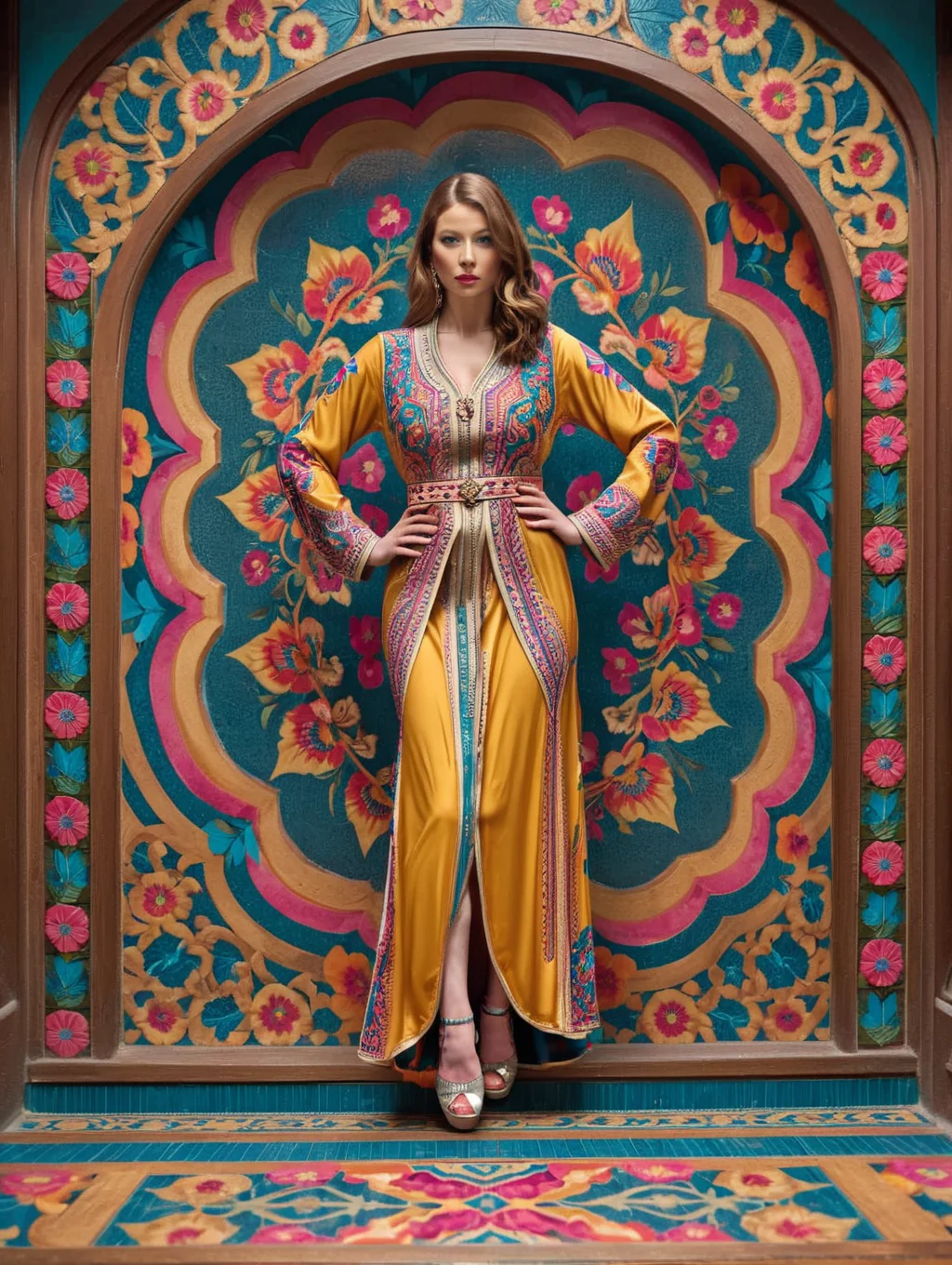 intricate professional photography, hefty Skater Rachel Nichols, <lora:CaftanXLv1:0.8> qftan, background, vivid colors, patterns, intricate designs, colorful, rich colors, <lora:Hassan_Hjjaj_Style:0.6> the, hassan, and, hjjaj, style