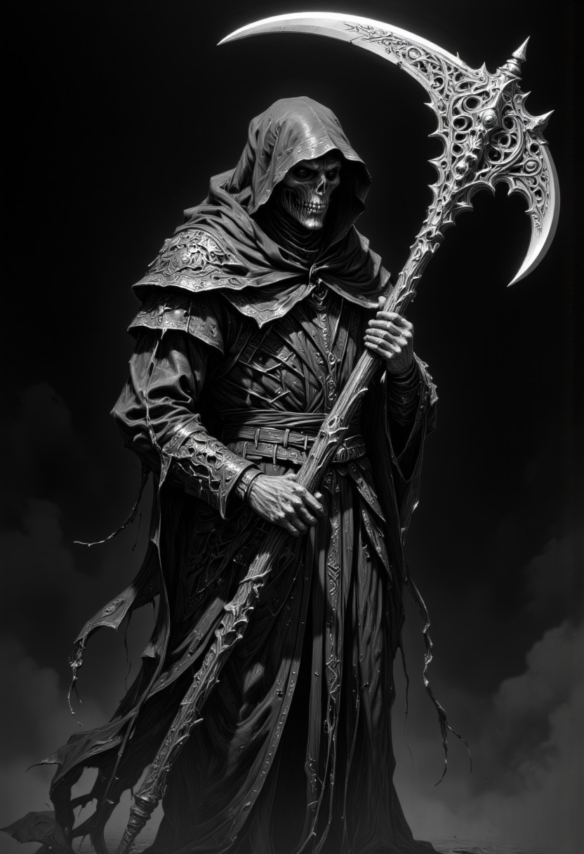 high-contrast, black-and-white digital drawing illustration of a grim Reaper figure by a known professional artist. The Reaper, cloaked in tattered, ornate robes, wields a large, highly intricately designed scythe with an elaborate, skeletal handle and intricately complex carvings. The figure´s face is shrouded in shadow, with only the hood visible, creating a mysterious, ominous atmosphere. The background is dark with an eerie fog, emphasizing the dark, gothic elements of the Reaper. The lighting is soft and diffused, highlighting the textures of the fabric and the incredibly detailed carvings on the scythe. The camera angle is straight-on, capturing the full figure in profile as it holds the scythe´s blade above his head.