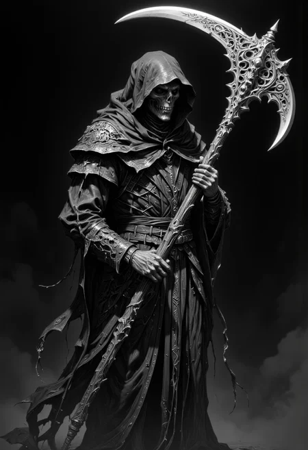 high-contrast, black-and-white digital drawing illustration of a grim Reaper figure by a known professional artist. The Reaper, cloaked in tattered, ornate robes, wields a large, highly intricately designed scythe with an elaborate, skeletal handle and intricately complex carvings. The figure´s face is shrouded in shadow, with only the hood visible, creating a mysterious, ominous atmosphere. The background is dark with an eerie fog, emphasizing the dark, gothic elements of the Reaper. The lighting is soft and diffused, highlighting the textures of the fabric and the incredibly detailed carvings on the scythe. The camera angle is straight-on, capturing the full figure in profile as it holds the scythe´s blade above his head.