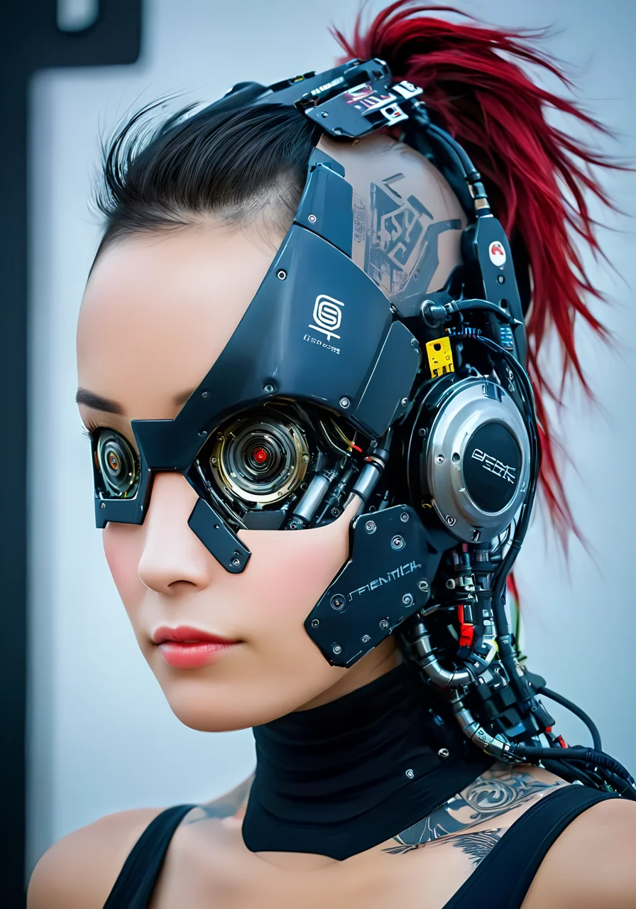a woman with cybernetic robot head, <lora:excybertechsdxl:1>, excybertechsdxl, best quality, masterpiece, cyborg, mechanical parts, cyberpunk outfit, german