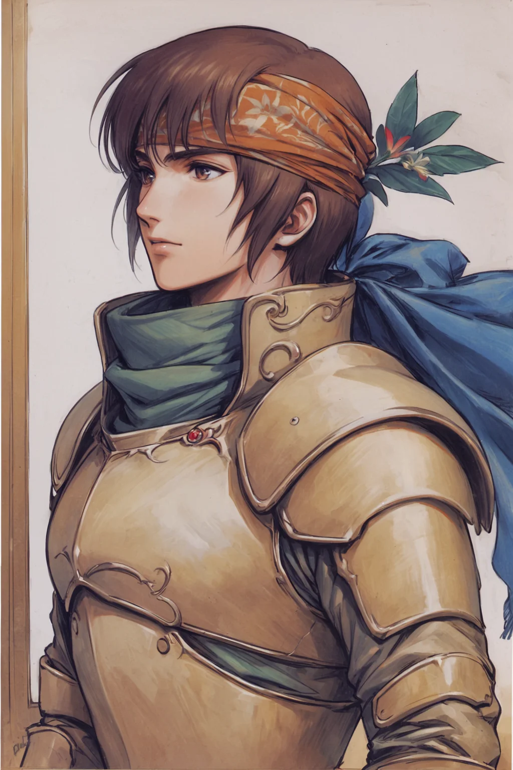 solo, 1boy, Parn, male focus, flower, armor, brown hair, scarf, bandana, traditional media, upper body, white background, simple background,painting \(medium\),<lora:Yutaka Izubuchi_XL:0.8>,