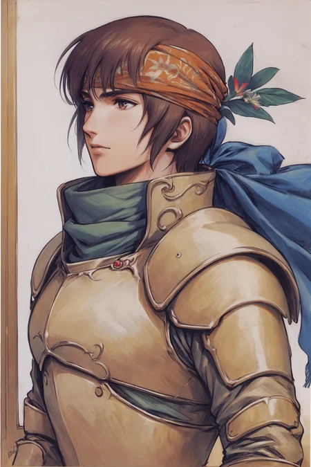 solo, 1boy, Parn, male focus, flower, armor, brown hair, scarf, bandana, traditional media, upper body, white background, simple background,painting \(medium\),<lora:Yutaka Izubuchi_XL:0.8>,