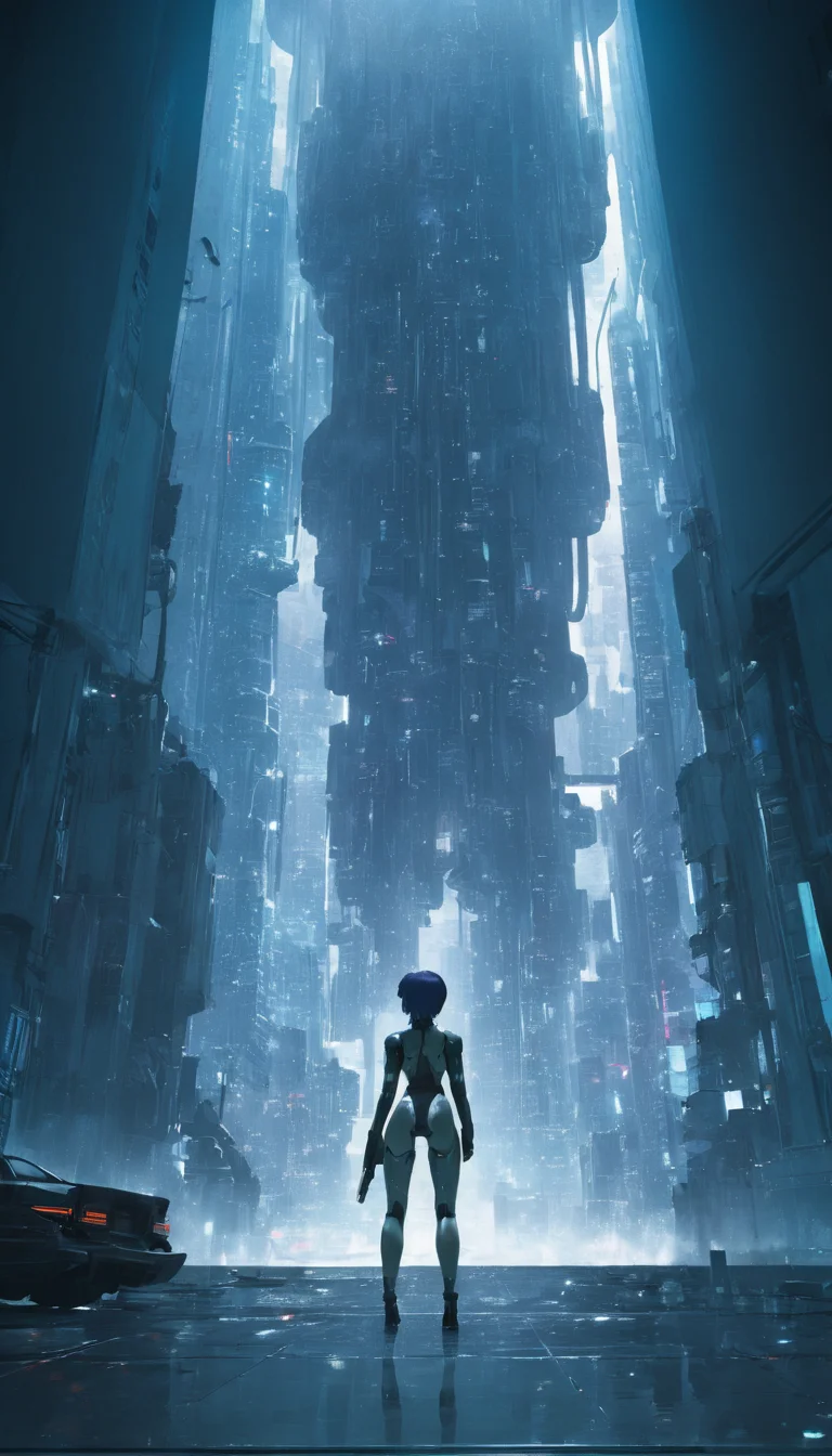 concept art Cinematic scene, Kusanagi Motoko, Ghost in the Shell, detailed background, masterpiece, best quality, high quality, highres, absurdres <lora:kusanagi_motoko:1> . digital artwork, illustrative, painterly, matte painting, highly detailed