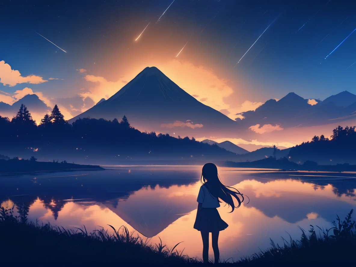 1girl, 
solo, outdoors, mountain, night, tree, starry sky, sunrise, sitting, silhouette, landscape, water world, night sky, cloud, hill, shooting star, wind, grass, lens flare, skirt, long hair, star \(sky\), water, sky, scenery, star \(symbol\), reflection, dark, school uniform, bird, blue theme, meteor shower, 
masterpiece, best quality,  safe
 <lora:mki-ani31-TMND-v2-000050:1>