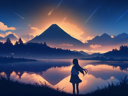 1girl,
solo, outdoors, mountain, night, tree, starry sky, sunrise, sitting, silhouette, landscape, water world, night sky, cloud, hill, shooting star, wind, grass, lens flare, skirt, long hair, star \(sky\), water, sky, scenery, star \(symbol\), reflection, dark, school uniform, bird, blue theme, meteor shower,
masterpiece, best quality, safe
<lora:mki-ani31-TMND-v2-000050:1>