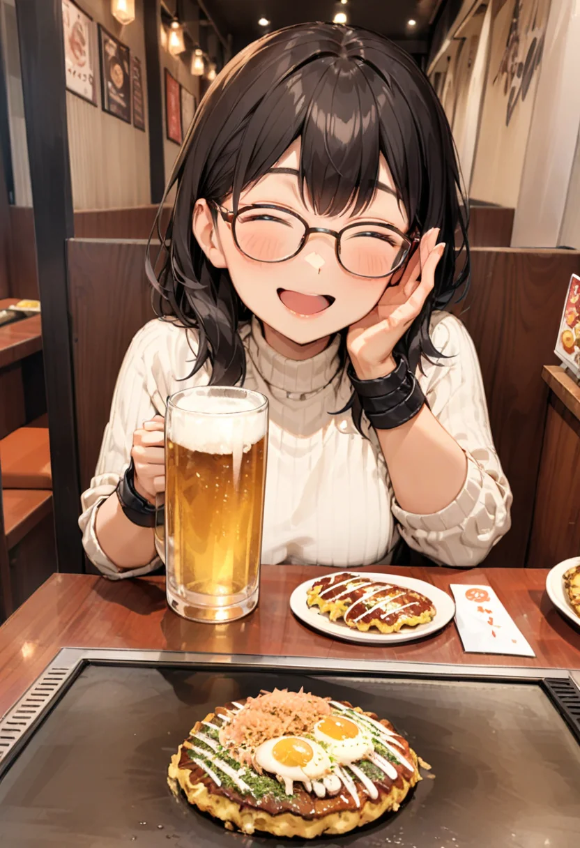 masterpiece, best quality, very aesthetic, absurdres,
1girl, solo, glasses, black hair, long hair, white ribbed sweater, happy, smile, looking at viewer, closed eyes, open mouth, solo focus, sitting, pov across table, holding beer mug,
okonomiyaki, Teppan, food, indoors, restaurant, kote, wooden table
<lora:okonomiyaki_SDXL_V1:0.8>