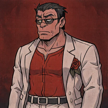masterpiece, best quality, newest, absurdres, highres, anime, anime style, TSLV1.0, skeptical expression, judgmental look, side-eye, half-closed eyes, tight-lipped, furrowed brow, frown, looking sideways, 1boy, helltaker (helltaker), black hair, short hair, muscular, muscular male, sunglasses, glasses, white jacket, white pants, black belt, red shirt, formal clothes, flower in clothes, open jacket