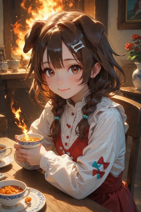looking at viewer,detailed background,Cinematic Lighting,film grain,score_9,score_8_up,score_7_up,masterpiece,best quality,highly detailed,
<lora:(增强)sdxl_lightning_8step_lora:1>,<lora:glowneon_xl_v1:1>,glowing,<lora:Expressive_H:0.8>,Expressiveh,<lora:th3rm4lXLP:0.4>,th3rm4l,colorful,
1girl,animal ears,brown hair,smile,cup,virtual youtuber,solo,dog ears,brown eyes,fire,inugami korone,holding,bangs,sitting,long sleeves,teacup,blush,food,chair,table,sweat,indoors,closed mouth,dog girl,chibi,looking at viewer,