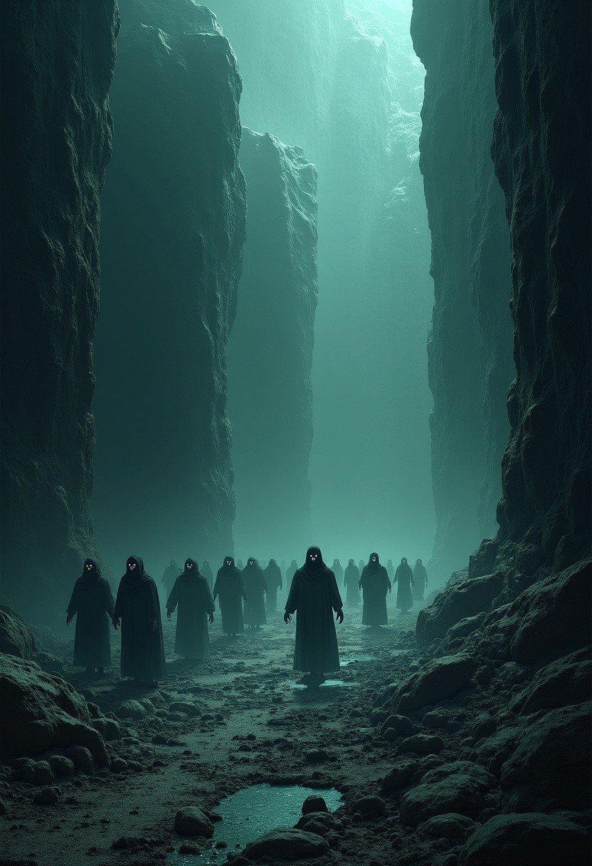 A vast and endless underworld, Sheol stretches beneath the earth like a forgotten chasm, its atmosphere thick with an eerie, otherworldly silence. The ground is cracked and lifeless, composed of blackened stone and ashen dust, while towering jagged pillars fade into an eternal twilight. The air is heavy with a ghostly mist, swirling around the countless shadowy figures, endless in number, stretching as far as the eye can see.
These spectral forms, their shapes flickering between solid and translucent, drift aimlessly in the gloom—faceless, hollow-eyed, their bodies blurred between existence and nothingness. Some stand motionless, frozen in time, while others shuffle forward in eternal silence, lost to the void. Their outlines waver, dissolving like smoke only to reform again, as if trapped in an endless loop of forgotten souls.
Dim, flickering lights, like dying embers, float aimlessly in the gloom, casting faint, shifting glows over the abyss. The walls of Sheol seem to stretch infinitely, carved with ancient, unreadable inscriptions, whispering the secrets of the dead. Deep within, shadowy doorways hint at even darker depths, places where the silence is broken only by the distant echoes of murmured laments.
A sense of vast isolation and eerie tranquility lingers, as if time itself has lost meaning. There is no fire, no torment—only the weight of eternal stillness, the mournful whispers of the countless souls that have long faded from the world above.
Ultra-detailed, cinematic lighting, dark fantasy, gothic realism, atmospheric and haunting, hyper-realistic textures, eerie and mystical composition. DarkAtmosCE style, aidmamj6.1
