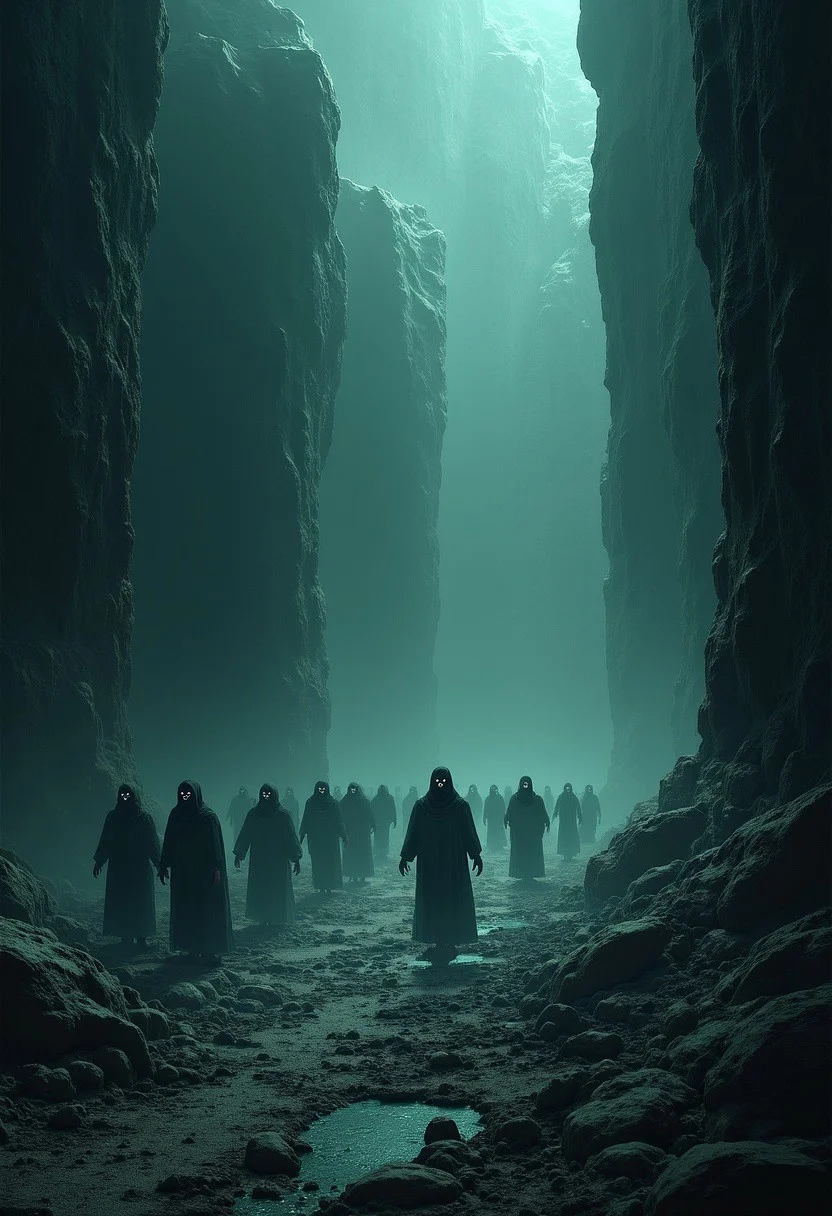 A vast and endless underworld, Sheol stretches beneath the earth like a forgotten chasm, its atmosphere thick with an eerie, otherworldly silence. The ground is cracked and lifeless, composed of blackened stone and ashen dust, while towering jagged pillars fade into an eternal twilight. The air is heavy with a ghostly mist, swirling around the countless shadowy figures, endless in number, stretching as far as the eye can see.
These spectral forms, their shapes flickering between solid and translucent, drift aimlessly in the gloom—faceless, hollow-eyed, their bodies blurred between existence and nothingness. Some stand motionless, frozen in time, while others shuffle forward in eternal silence, lost to the void. Their outlines waver, dissolving like smoke only to reform again, as if trapped in an endless loop of forgotten souls.
Dim, flickering lights, like dying embers, float aimlessly in the gloom, casting faint, shifting glows over the abyss. The walls of Sheol seem to stretch infinitely, carved with ancient, unreadable inscriptions, whispering the secrets of the dead. Deep within, shadowy doorways hint at even darker depths, places where the silence is broken only by the distant echoes of murmured laments.
A sense of vast isolation and eerie tranquility lingers, as if time itself has lost meaning. There is no fire, no torment—only the weight of eternal stillness, the mournful whispers of the countless souls that have long faded from the world above.
Ultra-detailed, cinematic lighting, dark fantasy, gothic realism, atmospheric and haunting, hyper-realistic textures, eerie and mystical composition. DarkAtmosCE style, aidmamj6.1