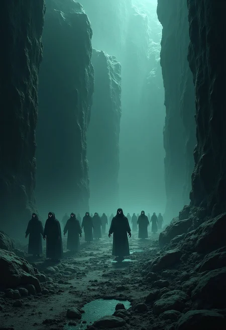 A vast and endless underworld, Sheol stretches beneath the earth like a forgotten chasm, its atmosphere thick with an eerie, otherworldly silence. The ground is cracked and lifeless, composed of blackened stone and ashen dust, while towering jagged pillars fade into an eternal twilight. The air is heavy with a ghostly mist, swirling around the countless shadowy figures, endless in number, stretching as far as the eye can see.
These spectral forms, their shapes flickering between solid and translucent, drift aimlessly in the gloom—faceless, hollow-eyed, their bodies blurred between existence and nothingness. Some stand motionless, frozen in time, while others shuffle forward in eternal silence, lost to the void. Their outlines waver, dissolving like smoke only to reform again, as if trapped in an endless loop of forgotten souls.
Dim, flickering lights, like dying embers, float aimlessly in the gloom, casting faint, shifting glows over the abyss. The walls of Sheol seem to stretch infinitely, carved with ancient, unreadable inscriptions, whispering the secrets of the dead. Deep within, shadowy doorways hint at even darker depths, places where the silence is broken only by the distant echoes of murmured laments.
A sense of vast isolation and eerie tranquility lingers, as if time itself has lost meaning. There is no fire, no torment—only the weight of eternal stillness, the mournful whispers of the countless souls that have long faded from the world above.
Ultra-detailed, cinematic lighting, dark fantasy, gothic realism, atmospheric and haunting, hyper-realistic textures, eerie and mystical composition. DarkAtmosCE style, aidmamj6.1