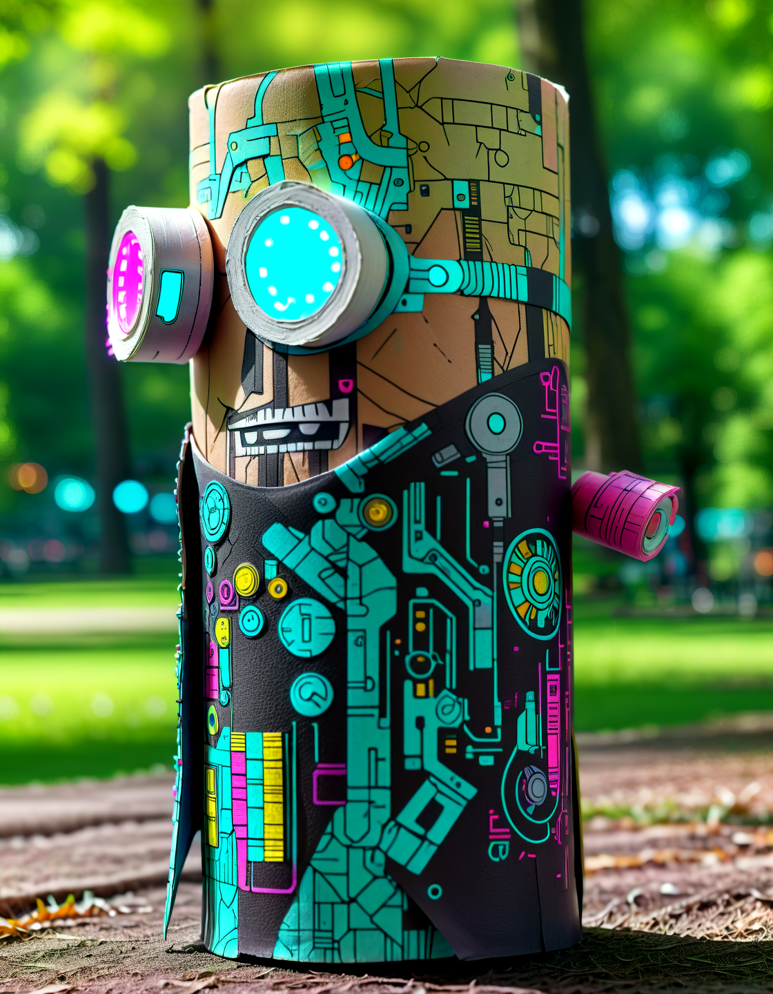 Macro Photography cyberpunk android made of toilete paper roll, tprc style, in a park, clorfull, masterpice, 8k,,, Macro Photography, often for close-up views, small subjects, or detailed examination.