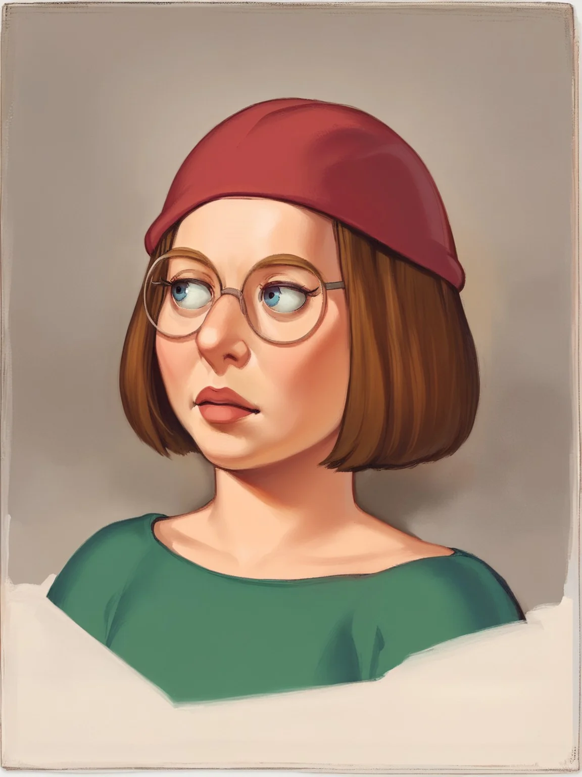 a portrait of a woman<lora:rita-angus_pony_v1:0.95> ('Feelz' by Angus Rita in 1953,portrait \(genre\),Regionalism \(style\),
score_9, score_8_up the image is a painting of a woman with a green blouse, featuring a portrait quality of her head and shoulders. with her head turned to the side. she is looking off to the distance,:1.1) <lora:megSDLXpony:0.75> MEG GRIFFIN, brown hair, glasses beanie