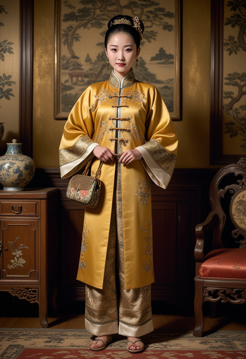 (medium full shot) of (dignified Chinese young woman from the Qing Dynasty), wearing a gold silk jacket with ornate patterns, embroidered trousers with detailed patterns, silk slippers, carrying a embroidered purse, elegant bun hair, set in the ancient china, in  an ornate palace, with exquisite furniture, detailed frescoes, silk draperies, regal ambiance, at night, woman smiling, Masterpiece,best quality, photo, realistic, very aesthetic, detailed face,