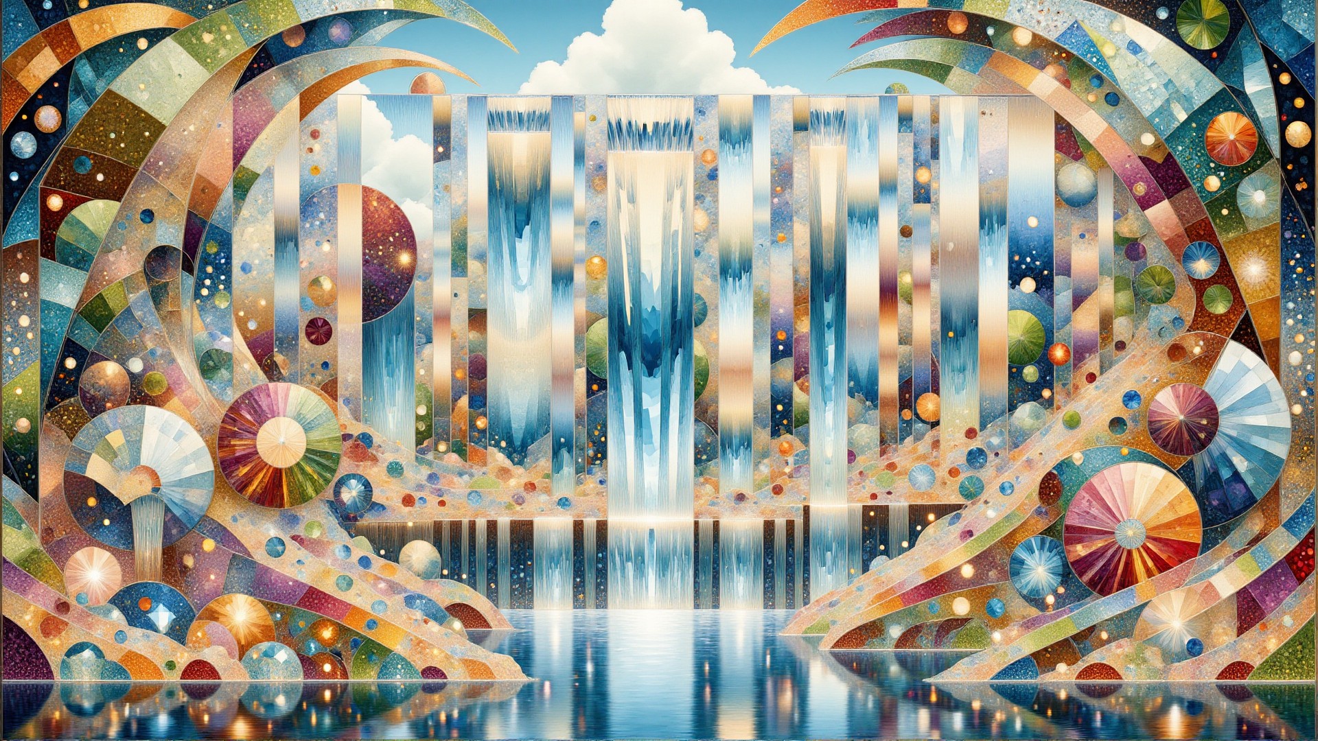 The basic cs-cr1stal scene is exploded diagram of waterfall. The picture combines Art Deco saintly elements with a modern interpretation characterized by elegant lines, a summer color palette, and intricate recursive details. The background skilfully blends shapes into a Surrealist backdrop. <lora:midjourney_whisper_chromaplex_v1:0.8> <lora:Crystality Flux_v1:0.8>