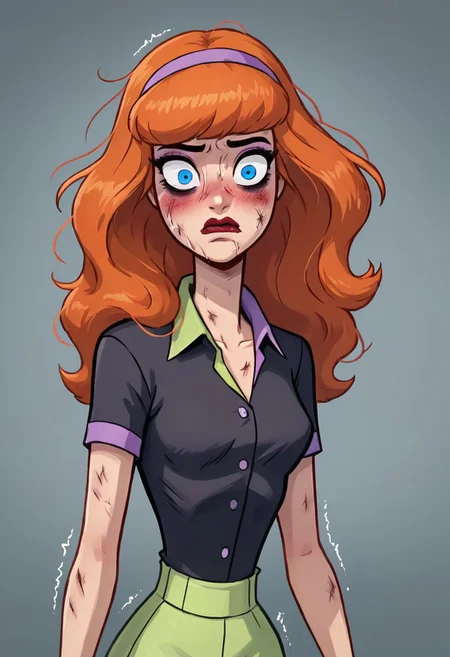 score_9, score_8_up, score_8, 1girl , Daphne, Daphne Blake,1girl, solo, petite, petit, extra small breasts, 40 year old, shaggy mullet, blue eyes, orange hair, B3th3rz, PartierBetherz, black shirt, button up blouse, extra tight open collar, extra tight shirt, extra tight pants, ragged clothes. crumpled hair, bad hair,dirty clothes, wrinkled clothes,one eye higher than another, twisted mouth, messed hair, messy hair, in love, extremely in love, blush, arousal, seductive, seductive face, shaking, destroyed face, destroyed body, awful skin face, long hair, makeup, lipstick, young, skinny, narrow waist, fragile, sexy, perfect body,detective betheerz dress, dynamic pose, posing, wounds, hit herself, selfharm, self harm, wounds on face, wounds on body, extreme amount of wounds, wounds everywhere, tired, tired af, extremely tired, tired eyes, huge amount of tireness, absolutely tired, bags under eyes, shiners, stupid, dumb, extremely stupid, extremely dumb, no brain, brain damage, stupid blonde, extremely stupid blonde, blue eyes, eye twitching, nervous eye twitching, extremely hard eye twitching, totally burnt hair, sexy, horny