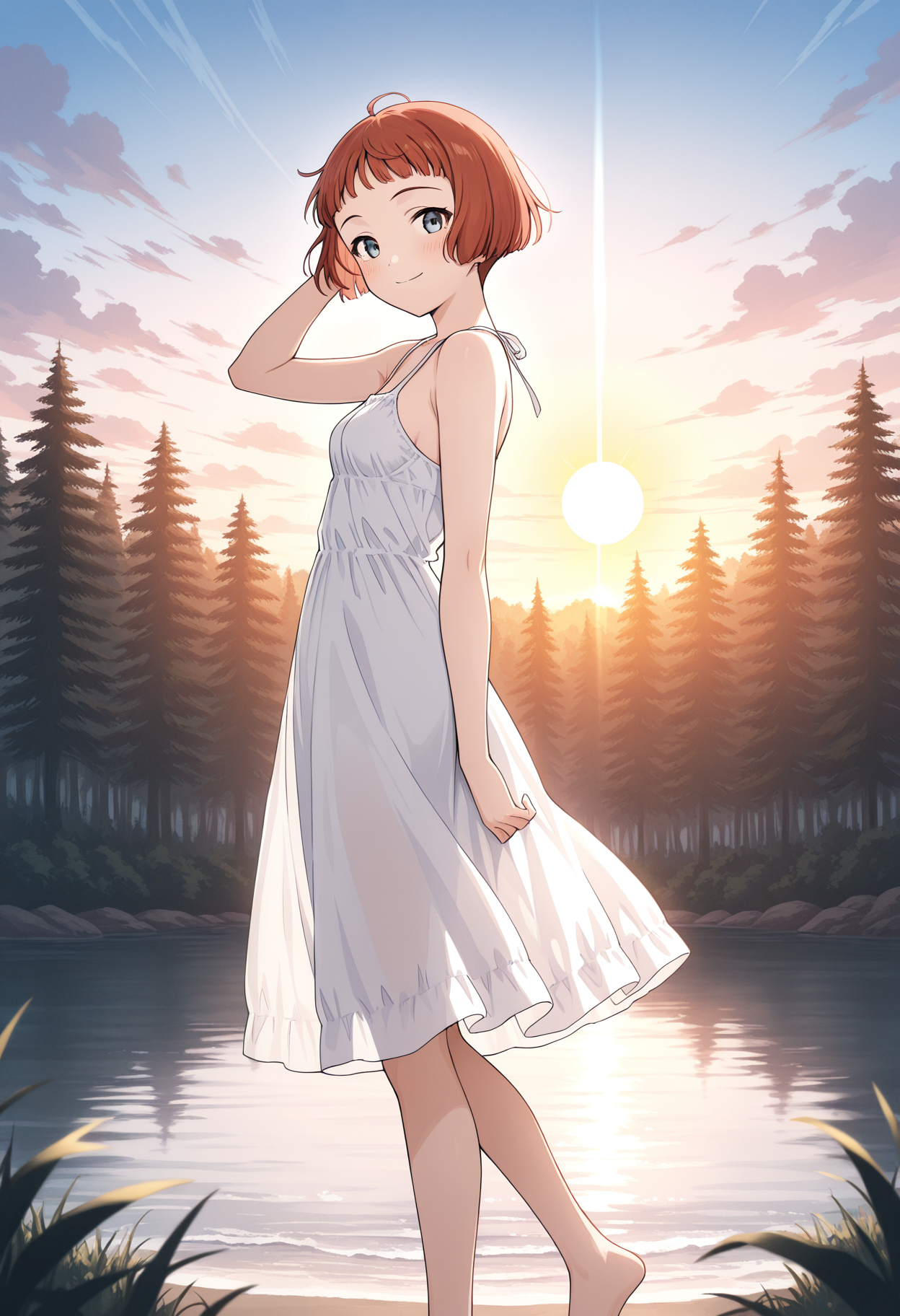 <lora:LastExileLaviIL:1.2>, laviehead, 
solo, looking at viewer, forest, smile, closed mouth, sundress, small breasts, floating dress, barefoot, standing, side view, looking at viewer, hand on hair, smile, blush, sun, clouds,
masterpiece,best quality,amazing quality,