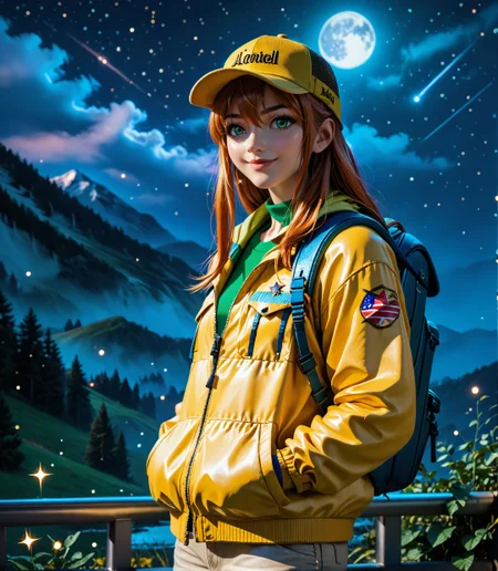 Score_PnyReal,BREAK, (ultra realistic, real, detailed skin, 3d, 32k), 4n1v3rs3, 1girl, loreleiXL, very long hair, orange hair, hair sidelocks, hair between eyes, green eyes, yellow jacket, green shirt, long pants, hat, backpack, sparkles, dark sky, night, moon, stars, evening, outside, mountain background, smile, <lora:loreleiXL:0.7>, (zPDXL3)