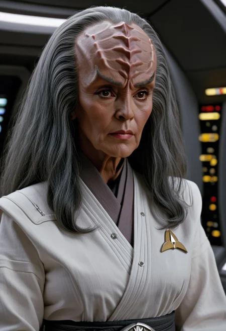 old Klingon female, grey hair, 8k, high resolution, cinematic scene, on a spaceship, white cotton kimono style uniform, very detailed face, detailed eyes, matching eyeballs++, detailed irises, dark lighting, dark hair, (mouth closed).