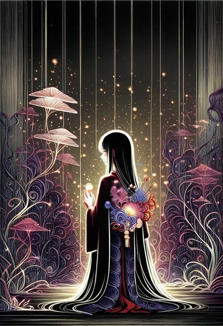 LudasStyle, 1girl, long hair, solo, lantern, japanese clothes, black hair, hair ornament, colorful, kimono, flower, fish, very long hair, bubble
,masterpiece,best quality,very aesthetic,absurdres