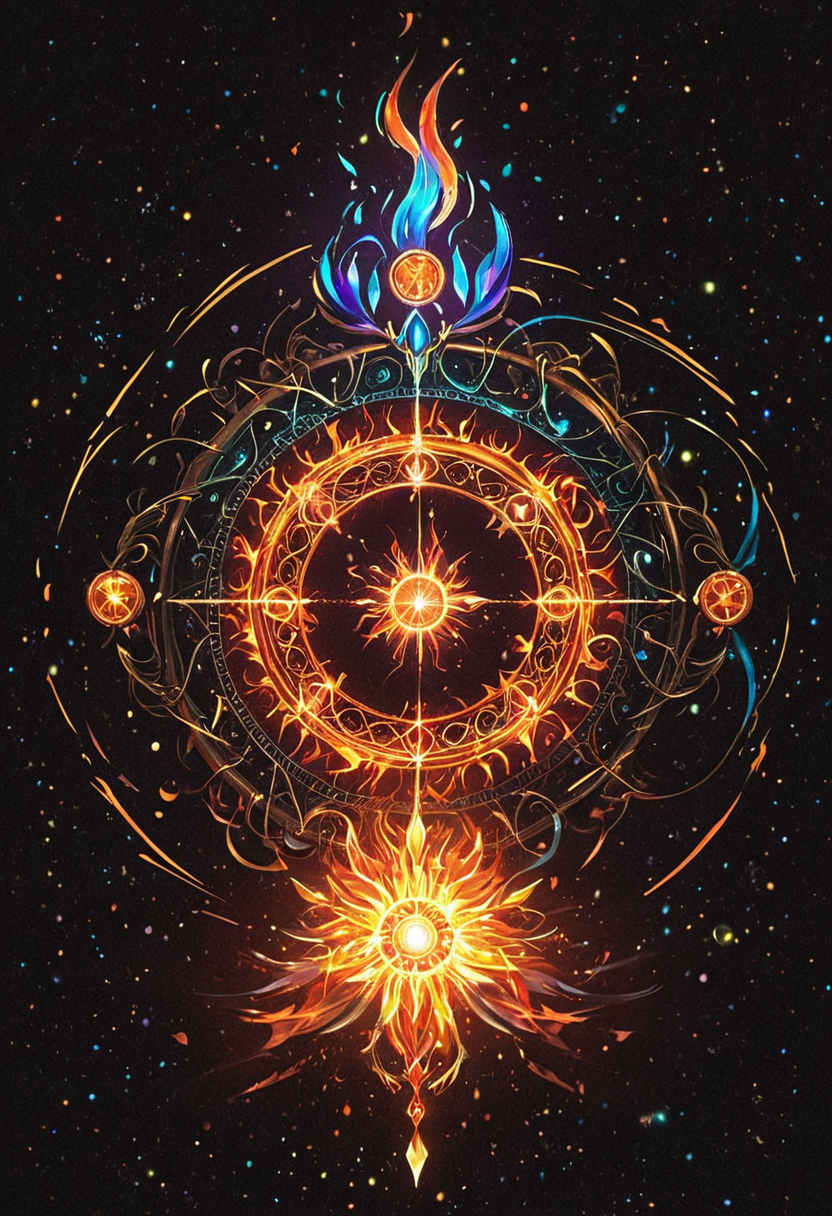 anime artwork <lora:R0k00bstr0ctHD:1>,r0k00bstr0cthd,r0k00bl0ckb0ckgr00ndhd,(shiny, fire, multicolored, black background, glowing, magic circle, aura), . anime style, key visual, vibrant, studio anime,  highly detailed