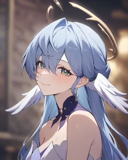 masterpiece,best quality,<lora:robin_sunday:1>,robin_(honkai:_star_rail), head_wings, angel, virtual_youtuber, 1girl, white_wings, looking_at_viewer, halo, wings, upper_body, solo, from_side, blurry_background, closed_mouth, dress, bare_shoulders, smile