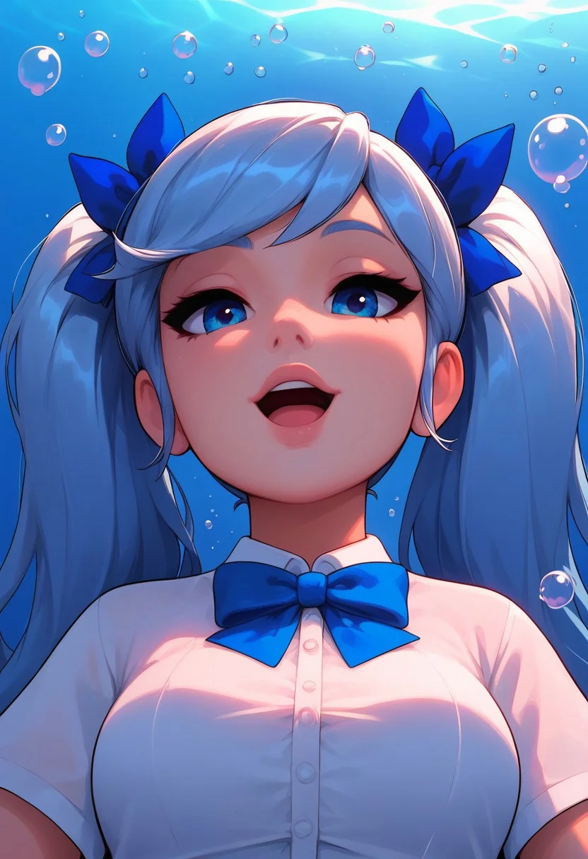 high detail, Smooth, sharp lines, score_9_up, score_8_up, detailed, masterpiece, super cute style, 1girl, solo, silver hair, white hair, long twintails, (flirty, smug, eyebrow_raise), open mouth, close up, face, white shirt, button up shirt, blue bowtie, pretty lips, medium breasts, underwater, blue eyes, blue hair ribbon, short sleeves, bubbles, bedroom_eyes, swept_bangs, low-angle view,