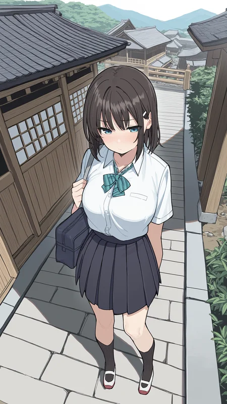 masterpiece, best quality, amazing quality,  <lora:NariTesh - Illustrious_epoch_11:0.8>, Naritesh, school uniform, japanese village, wide angle, from above,