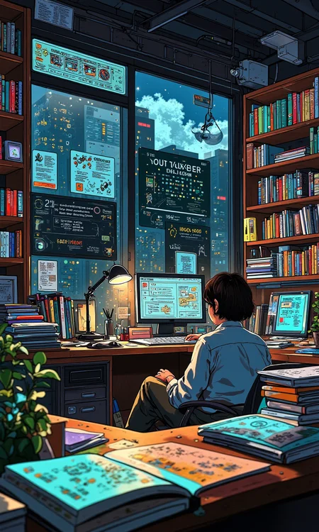 A futures designer works in her office. The narrative archetype revolves around him in a surreal setting of science fiction. Illustration style<lora:flux1-D\flux.1_lora_flyway_Hyper-Illustration_v1.0.safetensors:1.28:1.0>