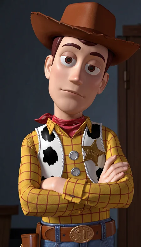 masterpiece,best quality,absurdres,newest,perfect quality,best quality,absolutely eye-catching,detailed background,male focus,<lora:Toy Story - Sheriff Woody - Illustrious-000006:0.7>,s_woody,1boy,animate object,brown hair,brown eyes,cowboy hat,red bandana,yellow shirt,long sleeves,vest,belt,jeans,sheriff badge,head tilt,looking at viewer,slim,crossed arms,toy story,cowboy western,saloon,upper body,sly look,