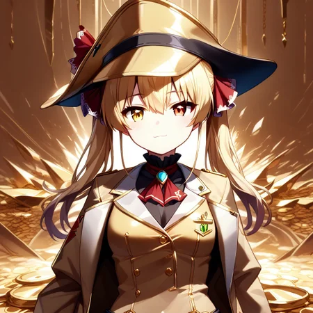 score_9, score_8_up, score_7_up, super aesthetic, rating:safe, rating:general, DeaverStyle, 1girl, solo, aua, red eyes, yellow eyes, heterochromia, gold clothing, gold hat, fully-clothed, gloves, big coat, illustration, gold, cute, shiny skin, vivid colors, treasure room, gold treasure,