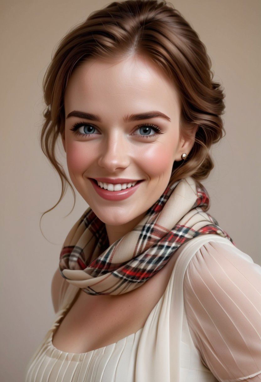 Detailed smiling expression of joy of classy Belle, wearing classy pleated dress, scottish scarf
