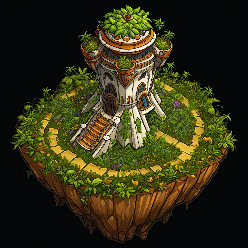 matchcraft floating island, game asset, 2d, digital painting, outline style, comic book style, fine lines, best quality, image posterization, simple details, clear white background, fantasy floating island, usual biome, plants, tower on island, abandoned