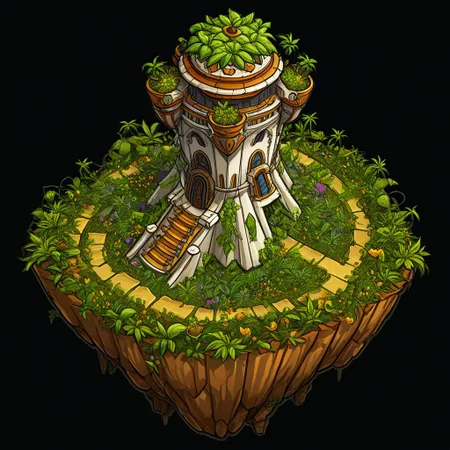matchcraft floating island, game asset, 2d, digital painting, outline style, comic book style, fine lines, best quality, image posterization, simple details, clear white background, fantasy floating island, usual biome, plants, tower on island, abandoned