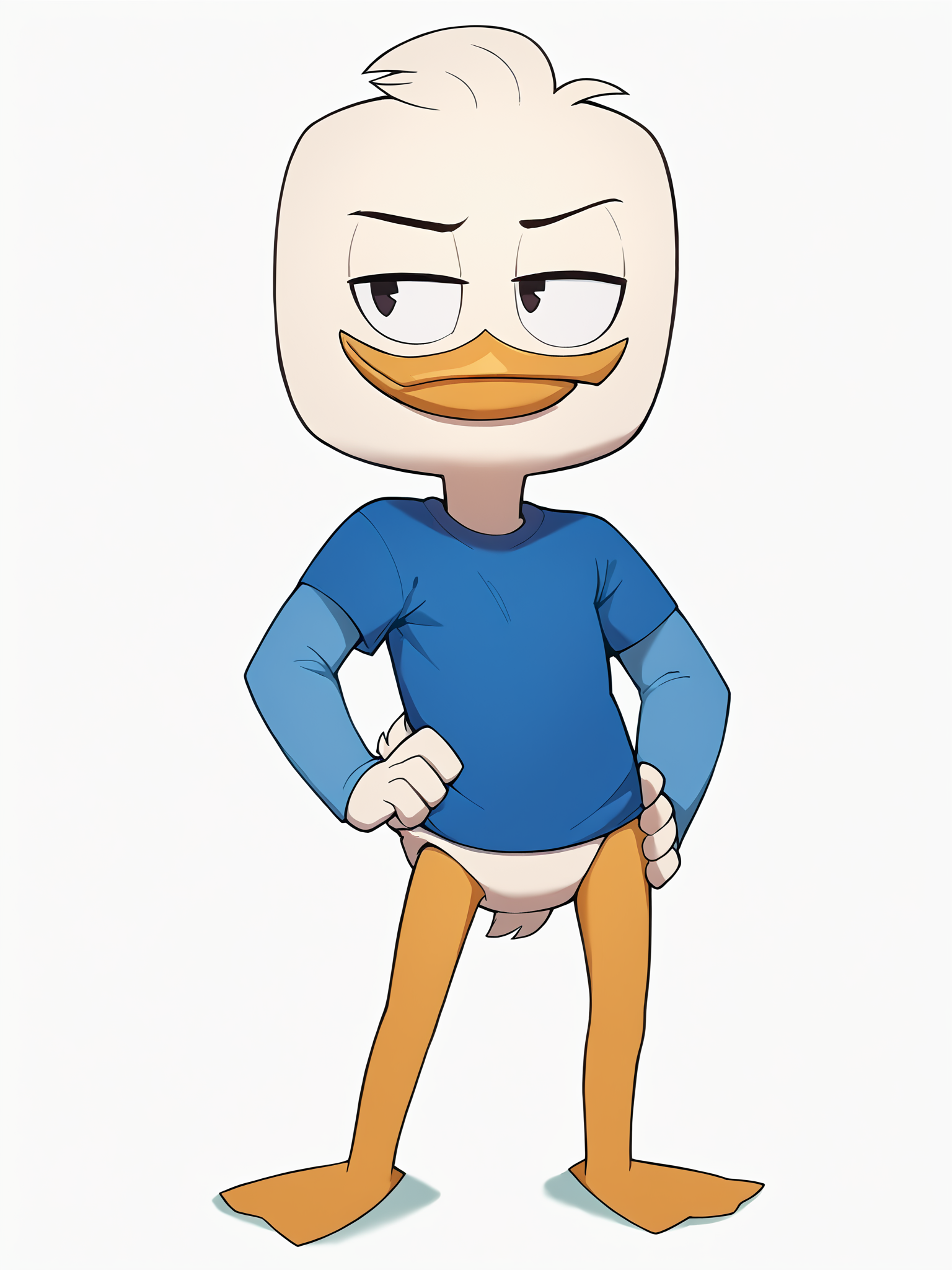 dr0ckdraws7yl3 score_9, score_8_up, score_7_up, score_6_up, score_5_up, best quality, highres, source_furry, white background,
1boy, male, solo, young, duck, beak, deweypdxl, blue shirt, undershirt, bottomless, short tail, smug, webbed feet, full body, hand on hip, beak, white body, black eyes, hair tuft, <lora:Dewey_Duck:0.75> <lora:Drock_XL_REAL:1>