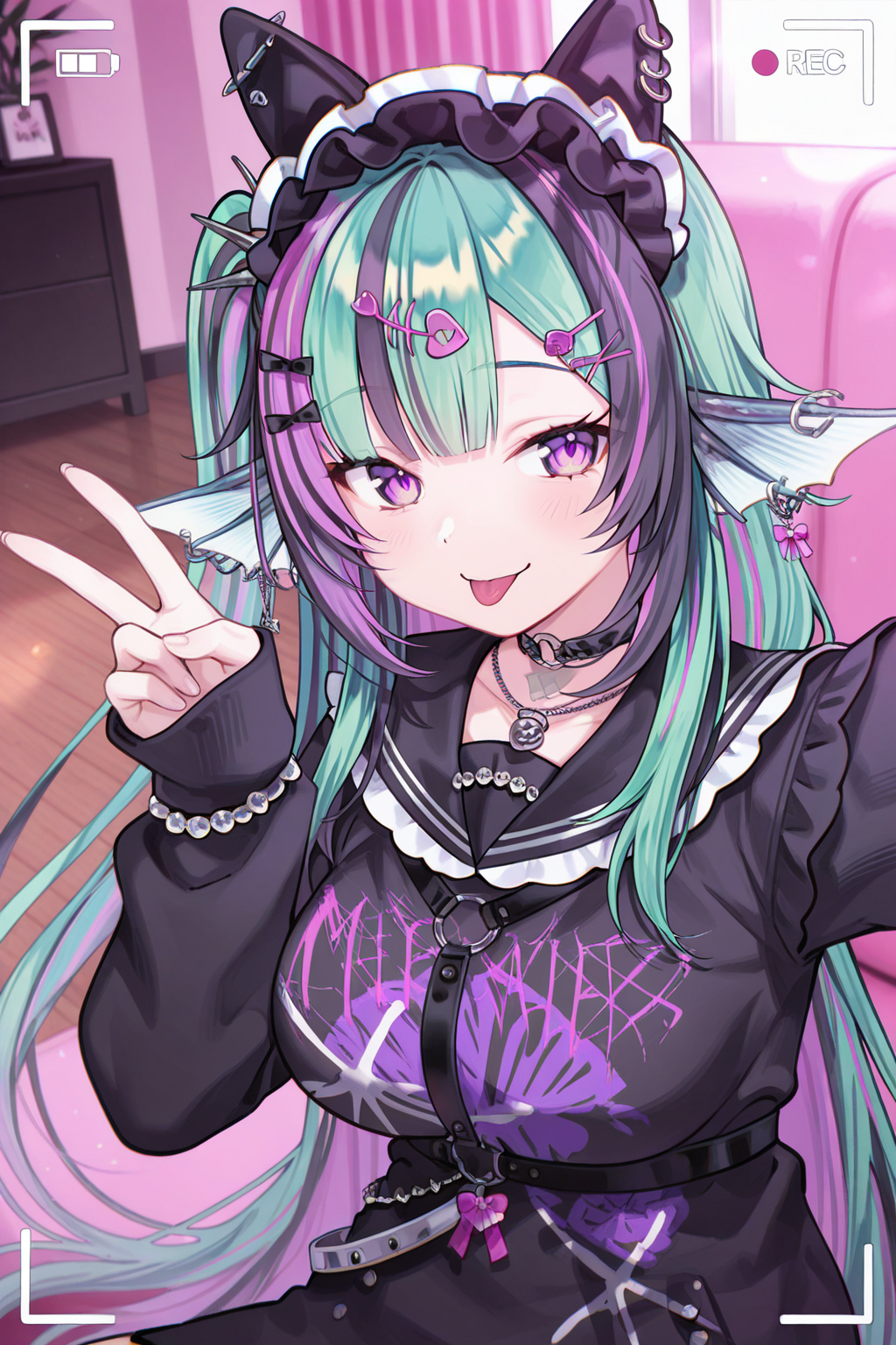 1girl, FinanaRyuguNijisanji, 
general, solo, dutch angle, from above, upper body,
purple eyes, large breasts, 
jirai kei, 
hair bow, shell hair ornament, piercing,
hairband, 
fish hair ornament, heart o-ring,
hairclip, x hair ornament,
earrings, 
neck tattoo, o-ring choker, necklace,
black sailor collar,
long sleeves, sleeves past wrists, bracelet, 
black dress, chest harness, black belt,
jewelry, 
sitting, selfie, looking at object, smile, tongue out, v,
indoors, living room, viewfinder,
<lora:kp_FinanaRyuguNijisanji4thCostumeIllustrious_v1_0:1.0>,
masterpiece, best quality, amazing quality