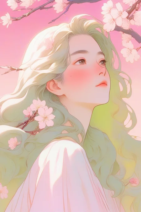 realistic ,ghibli ,(1girl ),,lip, solarpunk,olive, Brussels,cherry blossom pink gradient background, Alabaster hair,Long flowy hair, Honduran ,, (masterpiece,best quality,niji style)