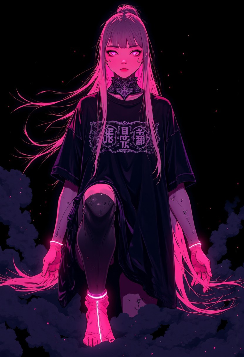 pixel styel,artist by mucha,(from front:1.5),epic-Ultra-HD-details,epic-Ultra-HD-highlights,anime-upscaled-resolution,(realistic, photo-realistic:1.37),precise and realistic hair:1.1),beautiful detailed eyes,extremely detailed eyes and face,awardwinning,amazing details,super detail,best quality,1080P,8k,masterpiece,detailed skin, shadow, texture, light, black background, Dark color palette, neon pink and black, dark atmosphere, Dim neon lights, smoke, Circular composition, 1girl, Gothic style girl, Oversized black T-shirt, neon pink glow hair, One-sided long bangs, Single long ponytail at the back, Incredibly long back hair, Flying long hair, neon pink glow eyes, Close your knees, Spread your feet apart, (Kneel down:2.0), Cover your eyes with your hands, curtained hair, double bun, drill hair, colored inner hair, side swept bangs, Conceptual art, Surrealism, backlighting, ray tracing
