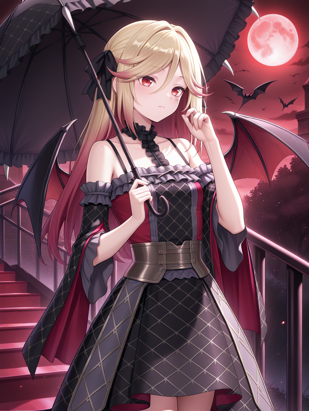 vampire, vampire fraulein, 1girl, bat \(animal\), solo, holding black umbrella, red moon, railing, stairs, black umbrella, outdoors, bat wings, closed mouth, night sky, red sky, standing, cloud, expressionless, cowboy shot, collarbone, black hair bow, black frilled sleeves, black frilled dress, black frilled choker, hand up,
masterpiece,best quality,amazing quality,very aesthetic,absurdres,newest,<lora:Vampire Fascinator, Fraulein & Sucker illusXL v1:0.75>,