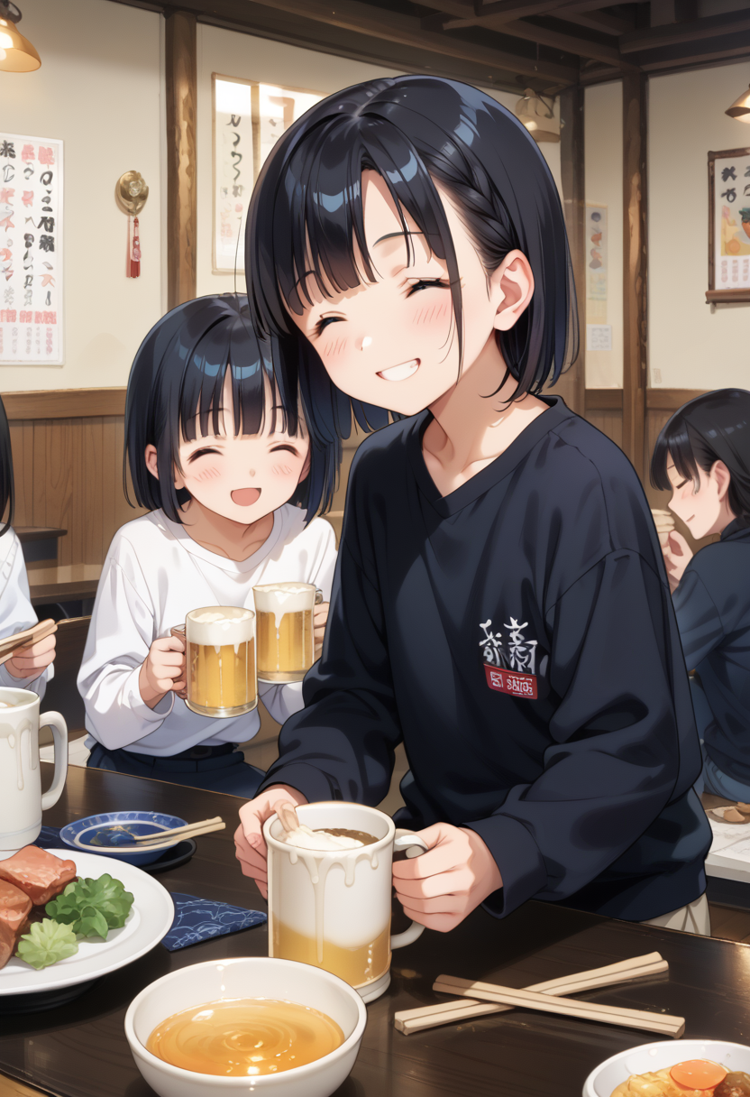 score_9, score_8_up, score_7_up, rating_safe, masterpiece, best quality, absurdres, unity 8k wallpaper, official art, official style, source_anime, game cg, megami magazine,
murayakuba, izakaya, black hair, multiple girls, shirt, cup, holding, beer mug, black shirt, chopsticks, bowl, closed eyes, indoors, table, food, short hair, sitting, smile, white shirt, jacket, long sleeves, poster (object)
 <lora:murayakuba_pony_V1:1>